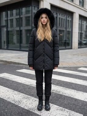 Women's Black Quilted Puffer Coat with Faux-Fur Trim Hood